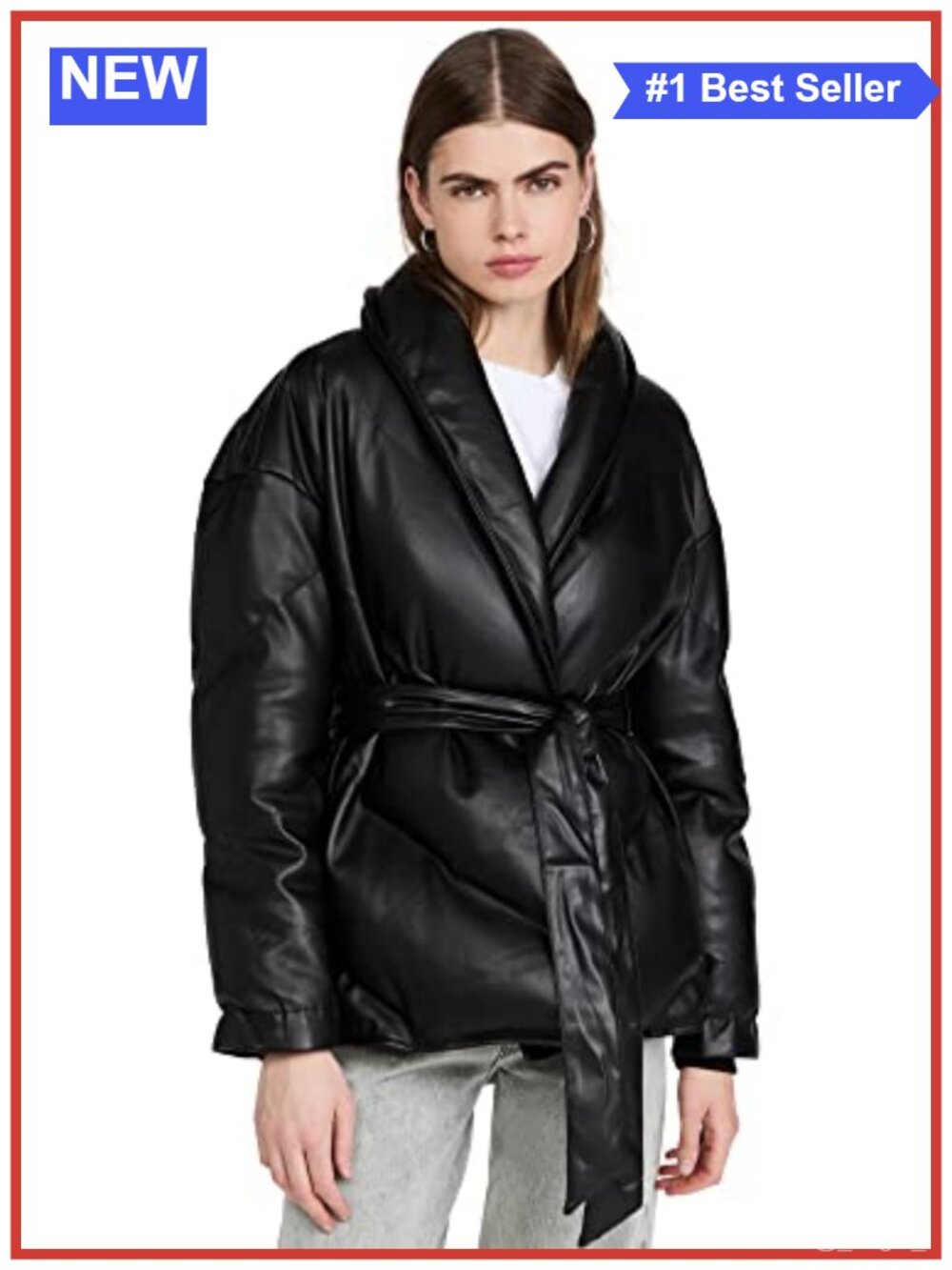 Faux Leather Puffer Belted Jacket Hooded Aviator Long Sleeve Fall Outerwear